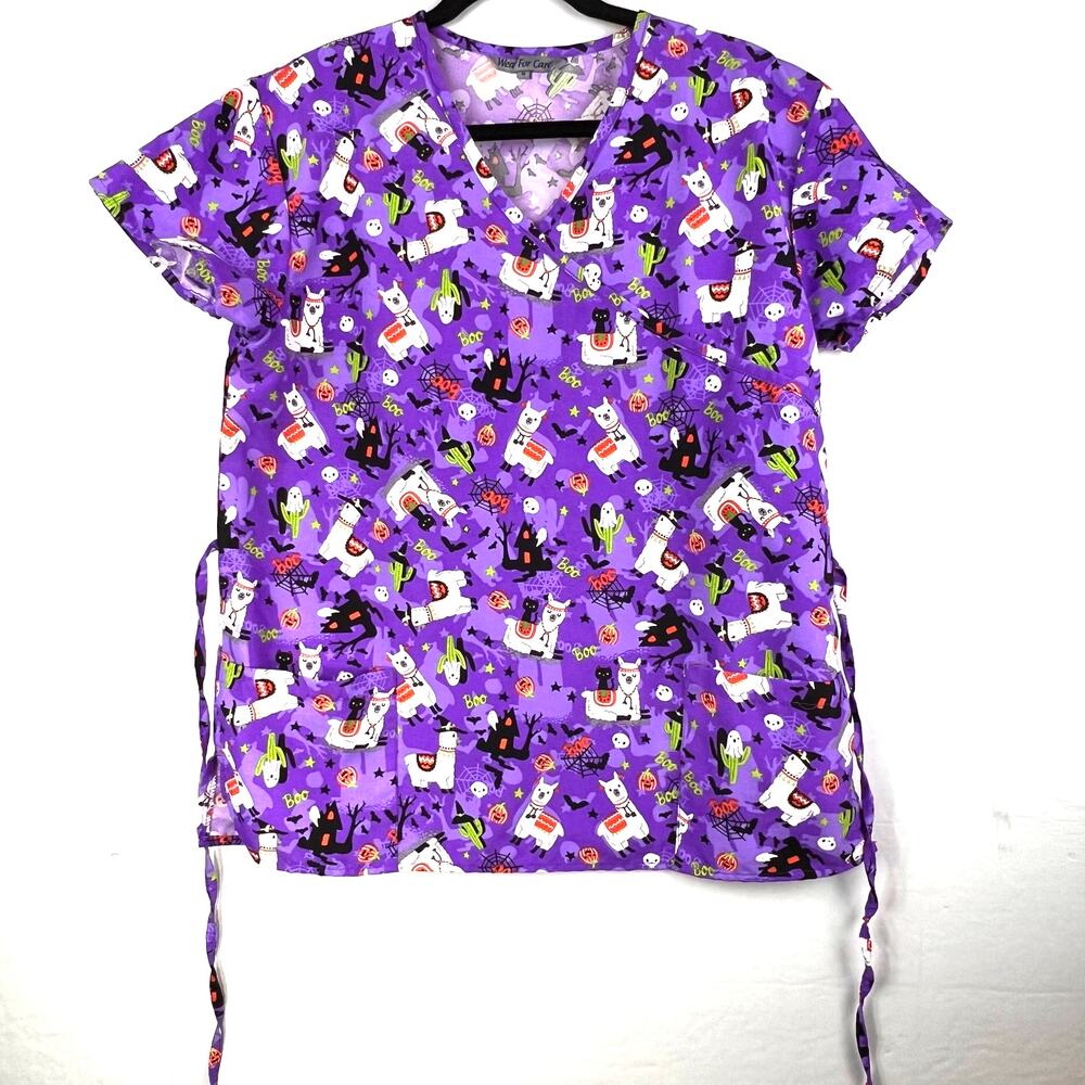 Wear for Care Scrubs Top Womens Medium- Halloween LLama Spooky Short Sleeve